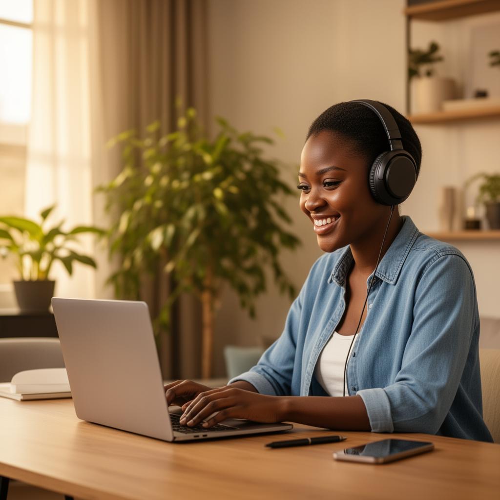 Étudiante apprenant en ligne avec casque audio